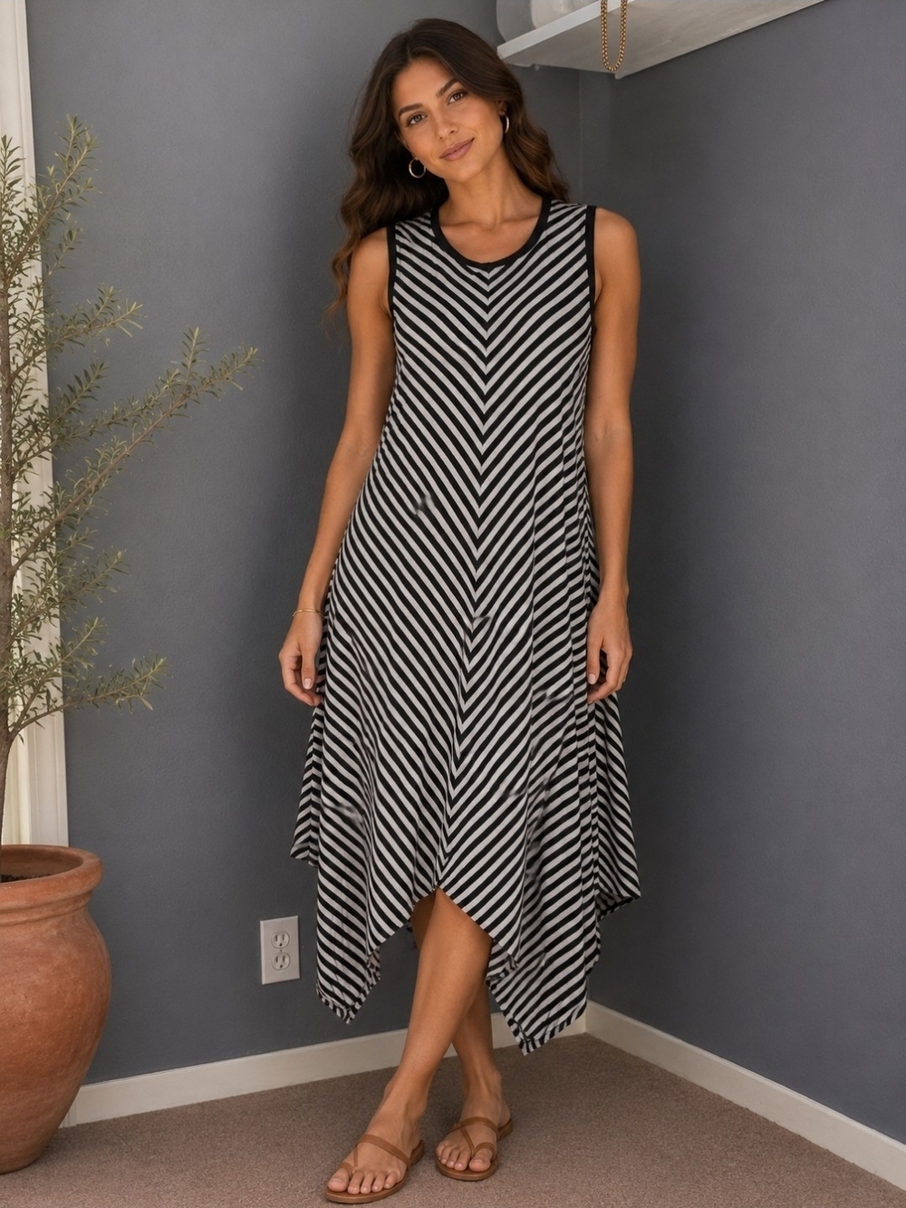 Sleeveless Black & White Striped Midi Dress with Handkerchief Hem